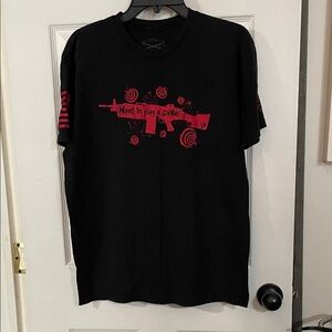 Grunt Style Black Tee with "Want to play a game" Red Rifle Graphic. Size L